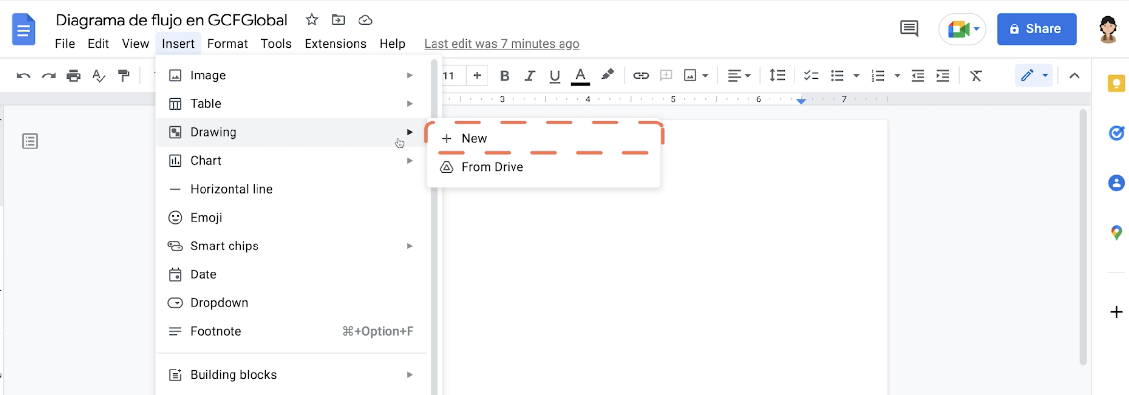 Creación de diagramas de flujo en Google Docs: opción dibujo: nuevo